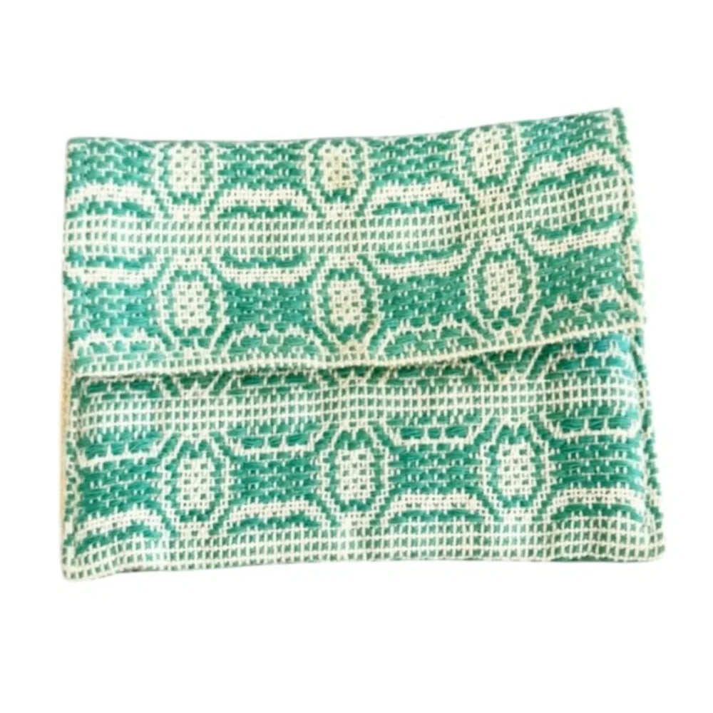 Vintage handmade teal green embroidered snap closure coin purse 3x4”